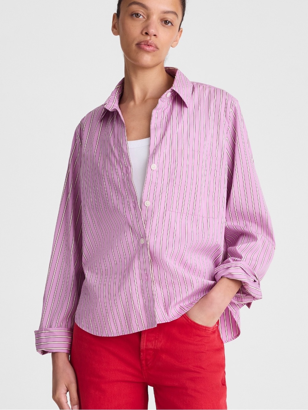 NWT Madewell Signature Y-neck Button Down Stripe shirt in Pink in Size Small